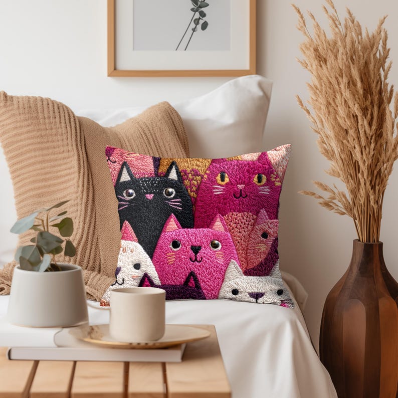 Cojín de gato caprichoso, cojín con estampado de gato bordado en imitación, cojín decorativo de gatito colorido, decoración felina divertida, regalo adorable para amantes de los gatos imagen 4