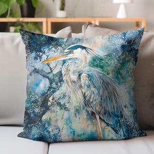 Blue Heron Pillow, Watercolor Bird Cushion, Coastal Wildlife Art Throw, Detailed Nature Scene, Elegant Marsh Home Accent