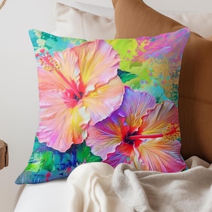 Tropical Flowers Accent Throw Pillow, Decorative Pillow Case, Floral Accent Pillow, Cozy Couch Pillow, Polyester Cushion Cover, Unique Gift