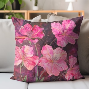 Pink Blossom Pillow, Retro Floral Throw Pillow, Classic Botanical Decor, Dark Garden Cushion, Romantic Cottage Accent