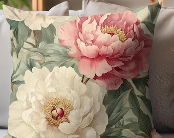 Peony Floral Throw Pillow, Vintage Floral Cushion, Elegant Home Decor, Soft Accent Pillow, Gift for Flower Lovers