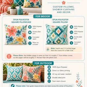 K&ouml;nnte beinhalten: Eine Informationsgrafik f&uuml;r AccentPop Kissen und Kissenbez&uuml;ge, die quadratische Kissenoptionen f&uuml;r den Innen- und Au&szlig;enbereich mit Blumen- und geometrischen Mustern zeigt, einschlie&szlig;lich Textdetails zu Material und Druck.