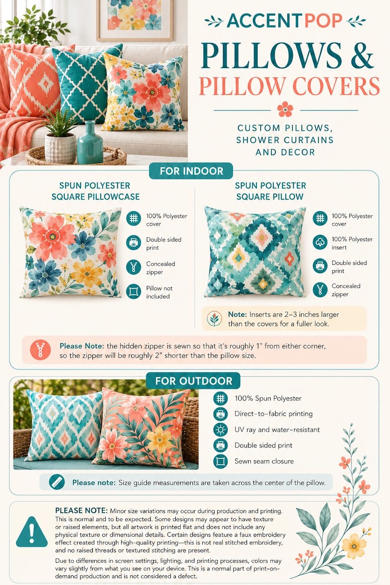 K&ouml;nnte beinhalten: Eine Informationsgrafik f&uuml;r AccentPop Kissen und Kissenbez&uuml;ge, die quadratische Kissenoptionen f&uuml;r den Innen- und Au&szlig;enbereich mit Blumen- und geometrischen Mustern zeigt, einschlie&szlig;lich Textdetails zu Material und Druck.