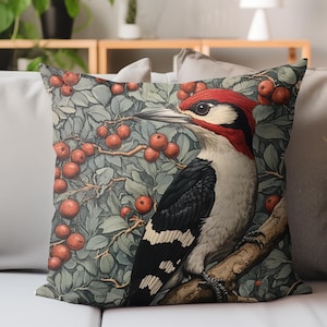 William Morris Inspired Woodpecker Throw Pillow, Vintage Botanical Accent Pillow, Classic Nature Inspired Cushion, Elegant Home Decor