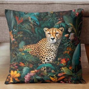 Cheetah Tropical Accent Throw Pillow, Botanical Decorative Pillow Cover, Accent Pillow, Floral Sofa Pillow, Animal Cushion Cover Unique Gift