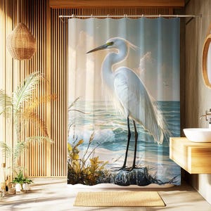 White Egret Shower Curtain, Elegant Bird Bathroom Decor, Nature-Inspired Watercolor Art, Coastal Wildlife Bathroom Aesthetic