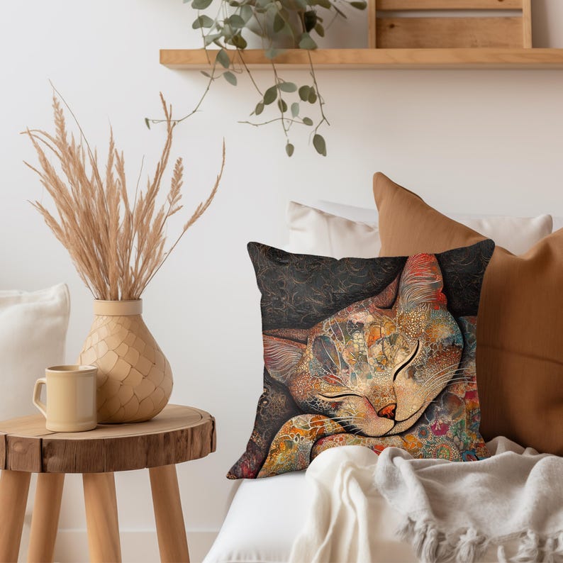 Sleeping Cat Pillow, Retro Batik Cat Throw Pillow, Cozy Feline Decor, Colorful Animal Cushion, Artistic Pet Lover Gift Bild 2