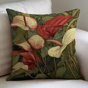 William Morris Anthuriums Accent Pillow, Woven Floral Cushion, Vintage Botanical Throw Pillow, Floral Pillow Case, Decorative Pillow