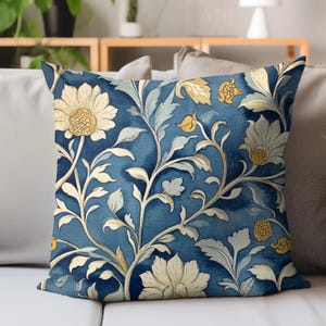 William Morris Style Blue Floral Pillow, Vintage Botanical Cushion, Elegant Arts and Crafts Decor, Traditional Nature-Inspired Home Accent