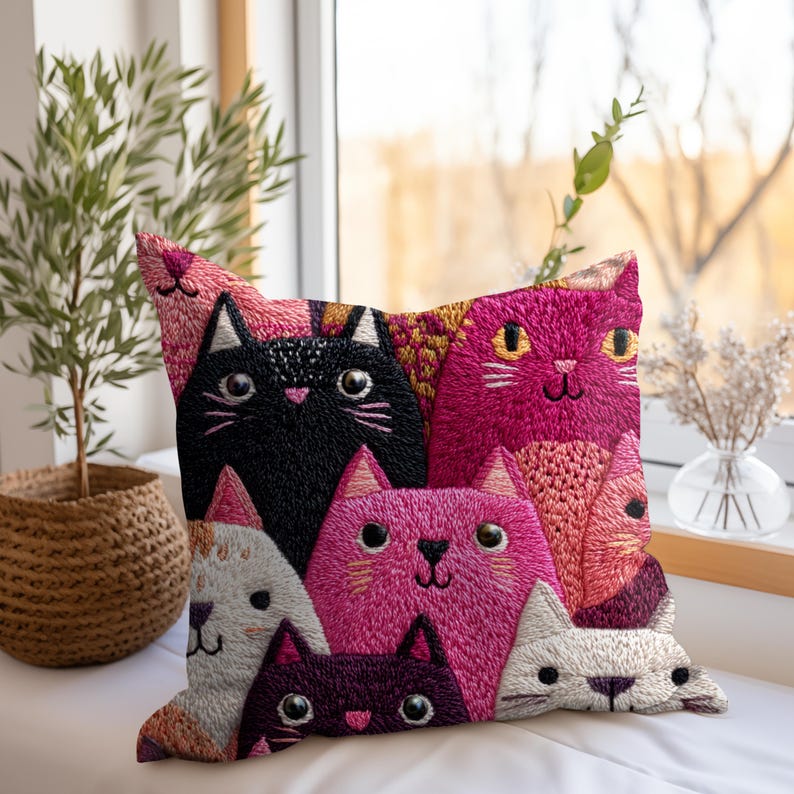 Cojín de gato caprichoso, cojín con estampado de gato bordado en imitación, cojín decorativo de gatito colorido, decoración felina divertida, regalo adorable para amantes de los gatos imagen 3