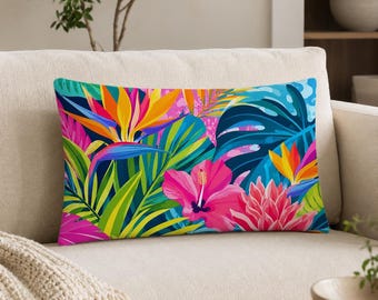 Cojín lumbar tropical, cojín de hibisco colorido, decoración de ave del paraíso, cojín decorativo botánico, decoración maximalista brillante, cojín de hoja de palma