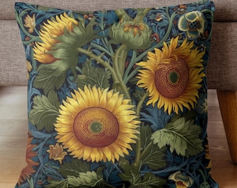 Morris Sunflower Accent Pillow, Woven Cushion Cover, Sofa Vintage Throw Pillow, Nature Inspired Decor, William Morris Style Pillow Case