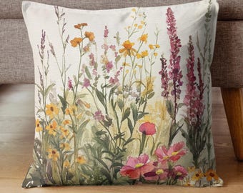 Vintage Wildflower Throw Pillow, Decorative Pillow Case, Boho Polyester Pillow, Floral Cushion Cover, Unique Gift, Accent Pillow