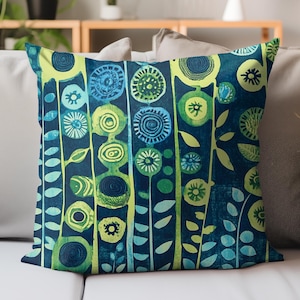 Coussin décoratif abstrait vert et bleu, coussin botanique moderne, élément décoratif vibrant, décoration artistique pour la maison, idée cadeau unique