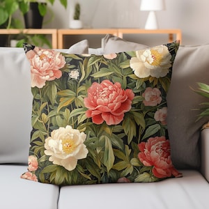 Peony and Floral Decorative Pillow, Morris-Inspired Cushion, Vintage Floral Throw, Vintage Botanical Throw Pillow, Cozy Home Accent