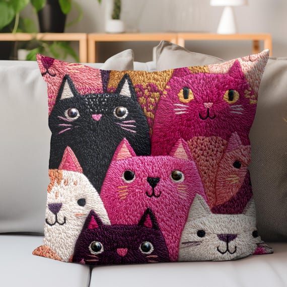 Whimsical Cat Pillow, Faux Embroidery Cat Print Cushion, Colorful Kitty Throw Pillow, Playful Feline Decor, Cute Cat Lover Gift
