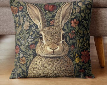 William Morris Bunny Rabbit Throw Pillow, Decorative Pillow Covers, Square Accent Pillow, Woodland Cottagecore Cabin Home Decor