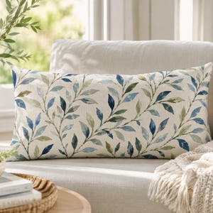 Sage Leaves Lumbar Pillow, Botanical Blue Cushion Cover, Watercolor Vine Decor, Farmhouse Plant Pattern, Best Selling Living Room Gift