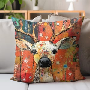 Colorful Reindeer Pillow, Whimsical Deer Cushion, Holiday Throw Pillow, Festive Christmas Decor, Rustic Winter Accent, Reindeer Gift