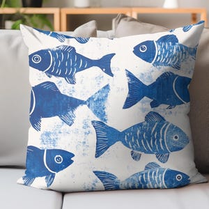 Blue Fish Throw Pillow, Nautical Decorative Cushion, Ocean Inspired Home Accent, Unique Coastal Gift, Beach House Decor