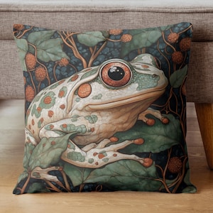 Frog Vintage Throw Pillow, Square Pillow, Decorative Pillow Cover, Polyester Pillow Case, William Morris Inspired Decor, Sofa Accent Pillow