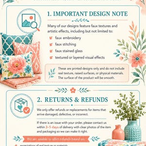 K&ouml;nnte beinhalten: Eine Informationsgrafik f&uuml;r AccentPop mit Blumenillustrationen, Text zu Designhinweisen bez&uuml;glich k&uuml;nstlicher Texturen und R&uuml;ckgaberichtlinien. Das Bild zeigt einen Stapel gemusterter Kissen und eine Vase mit Gr&uuml;npflanzen.