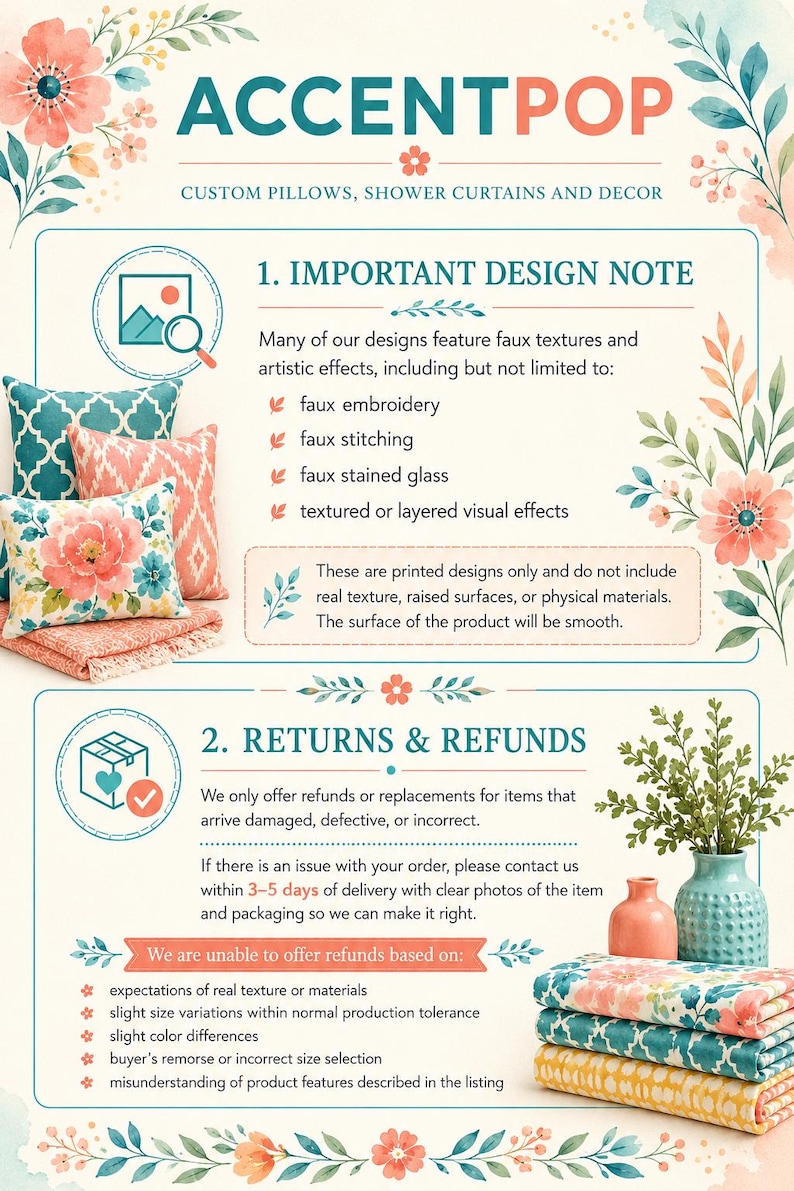 K&ouml;nnte beinhalten: Eine Informationsgrafik f&uuml;r AccentPop mit Blumenillustrationen, Text zu Designhinweisen bez&uuml;glich k&uuml;nstlicher Texturen und R&uuml;ckgaberichtlinien. Das Bild zeigt einen Stapel gemusterter Kissen und eine Vase mit Gr&uuml;npflanzen.
