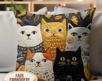 Fall Cat Pillow, Faux Embroidery Cat Print Cushion, Whimsical Autumn Kitty Decor, Cozy Feline Throw Pillow, Cute Cat Lover Gift