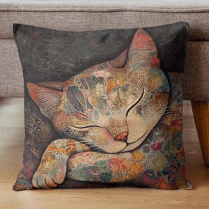 Sleeping Cat Pillow, Retro Batik Cat Throw Pillow, Cozy Feline Decor, Colorful Animal Cushion, Artistic Pet Lover Gift Bild 6