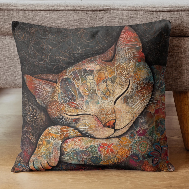 Sleeping Cat Pillow, Retro Batik Cat Throw Pillow, Cozy Feline Decor, Colorful Animal Cushion, Artistic Pet Lover Gift Bild 6
