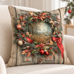 Rustic Holiday Wreath Pillow, Vintage Christmas Throw Cushion, Pinecones And Red Berries, Woodland Farmhouse Decor, Country Cottage Accent