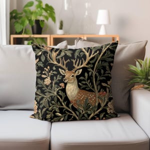 Rustic Deer Throw Pillow, William Morris Deer Pillow, Boho Woodland Pillow Cover, Boho Woodland Accent Pillow, Woodland Animal ThrowPillow image 4