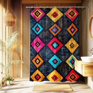 Ethnic Pattern Shower Curtain, Geometric Bohemian African Mudcloth Print, Aztec Southwestern Bath Curtain, Rustic Folk Art Home Decor