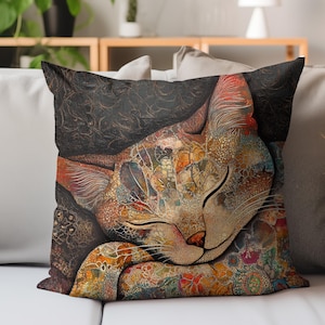 Sleeping Cat Pillow, Retro Batik Cat Throw Pillow, Cozy Feline Decor, Colorful Animal Cushion, Artistic Pet Lover Gift