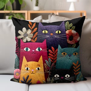 Cojín de gato colorido, cojín de gato caprichoso, cojín bohemio con diseño de animal, decoración de gatitos adorables, regalo divertido para amantes de los gatos, acento felino original