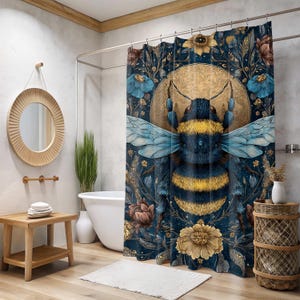 Bee Printed Shower Curtain, Botanical Bath Decor, Nature Insect Art, Bumble Bee Bathroom Decor
