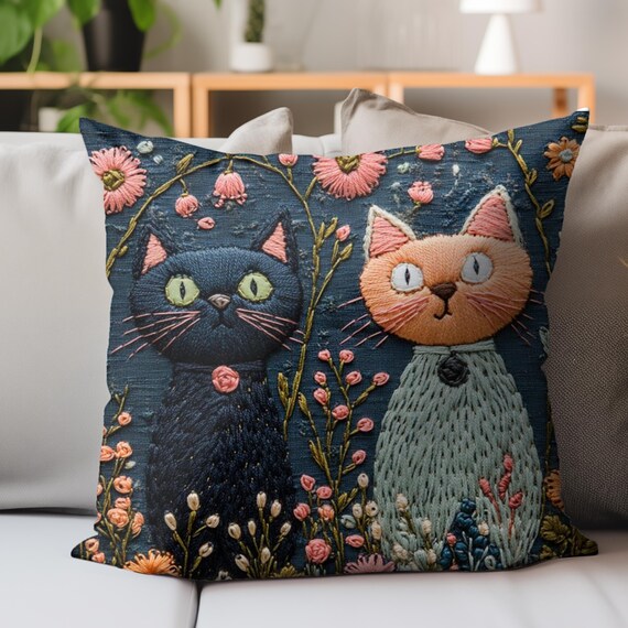 Whimsical Cat Pillow, Faux Embroidery Cat Print Cushion, Floral Kitty Garden Decor, Playful Feline Throw Pillow, Cute Cat Lover Gift