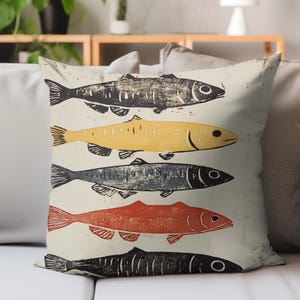 Colorful Fish Pillow, Nautical Block Print Cushion, Coastal Ocean Throw, Rustic Marine Decor, Best Gift for Beach Lovers