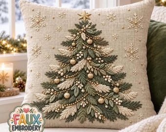Neutral Christmas Tree Pillow, Sage Green Holiday Throw Cushion, Elegant Farmhouse Winter Decor for Sofa