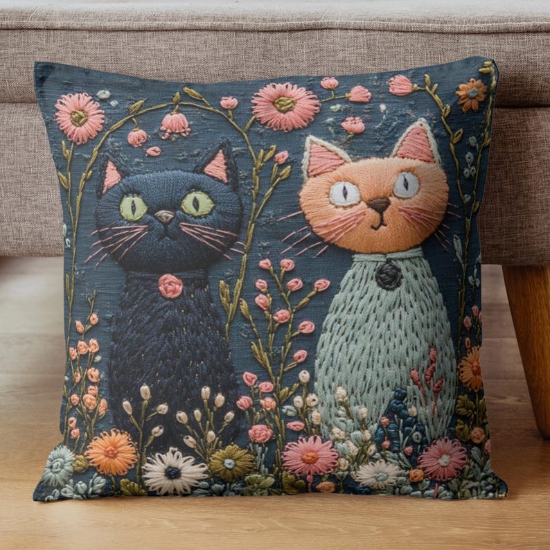 Whimsical Cat Pillow, Faux Embroidery Cat Print Cushion, Floral Kitty Garden Decor, Playful Feline Throw Pillow, Cute Cat Lover Gift image 6