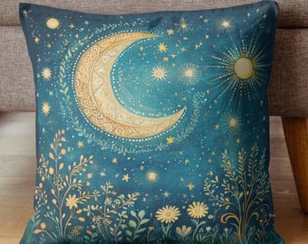 Almohada Luna Boho Celestial, Funda de Almohada Cosmic Acento, Decoración Boho Luna y Sol, Almohada Mística, Decoración del Hogar Sol y Luna,