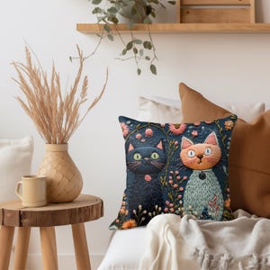 Whimsical Cat Pillow, Faux Embroidery Cat Print Cushion, Floral Kitty Garden Decor, Playful Feline Throw Pillow, Cute Cat Lover Gift image 2
