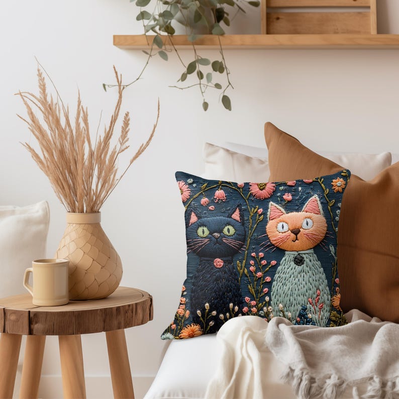 Whimsical Cat Pillow, Faux Embroidery Cat Print Cushion, Floral Kitty Garden Decor, Playful Feline Throw Pillow, Cute Cat Lover Gift image 2