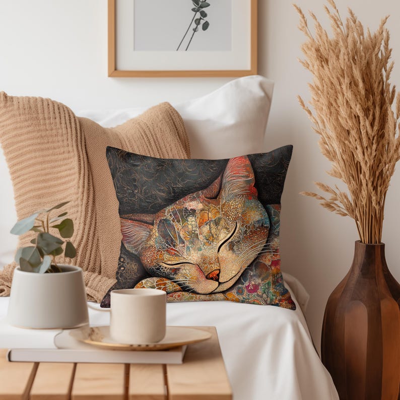 Sleeping Cat Pillow, Retro Batik Cat Throw Pillow, Cozy Feline Decor, Colorful Animal Cushion, Artistic Pet Lover Gift Bild 4