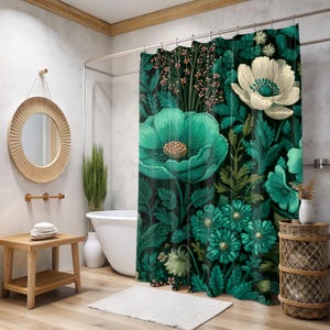Dark Green Botanical Shower Curtain, Cottagecore Bathroom Decor, Vintage Floral Panel, Nature Inspired Wildflower Bath Curtain