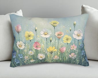 Wildflower Lumbar Pillow, Cottage Garden Floral Throw Pillow, Pastel Flower Cushion, Cottagecore Decor Accent, Sofa Pillow Gift