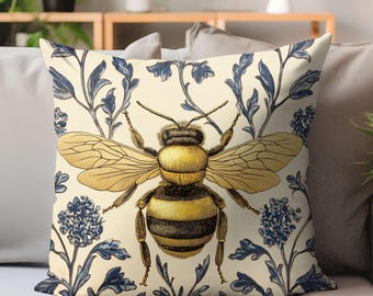 Cojín decorativo vintage con diseño de abeja, funda de cojín azul con estampado floral de insectos, estampado de abejas de jardín, cojín decorativo de doble cara, decoración acogedora de estilo cottagecore.