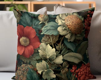Dark Floral Pillow, Vintage Tapestry Style Cushion, Moody Botanical Throw Pillow, Victorian Garden Decor, Elegant Cottagecore Accent