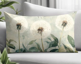 Dandelion Botanical Lumbar Pillow, Soft Vintage Floral Cushion, Cottage Garden Accent Pillow, Cottagecore Home Decor
