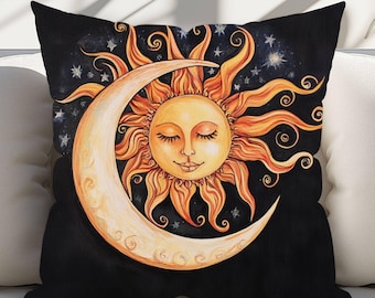 Cojín decorativo místico de luna y sol, funda de cojín de luna y sol, cojín con estampado celestial, cojín decorativo celestial, decoración bohemia para el hogar